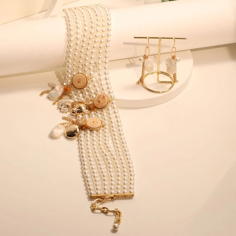 Multi Layer Imitation Artificial Pearl Choker Necklace And Earrings Baroque Style Vintage Tassel Handmade Jewelry For Women