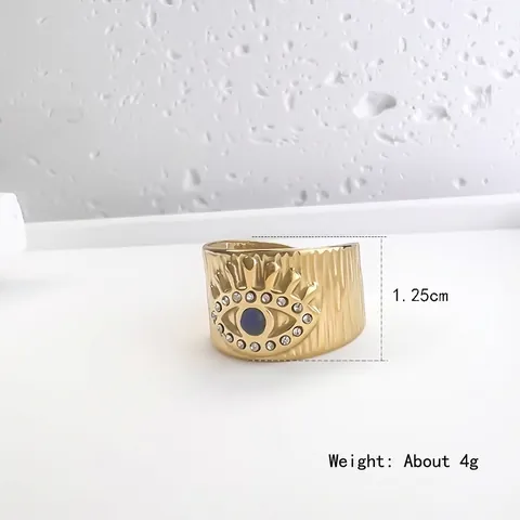 Retro Strukturierter Edelstahl Offener Ring Vergoldet Böser Blick Blauer Zirkon Verstellbar Damen Schmuck