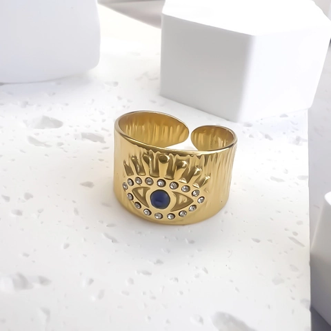 Retro Strukturierter Edelstahl Offener Ring Vergoldet Böser Blick Blauer Zirkon Verstellbar Damen Schmuck