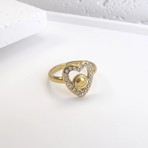 Hollow Heart Ring Stainless Steel Zircon Inlaid Adjustable Open Band Old Money Style Sweet Jewelry For Women