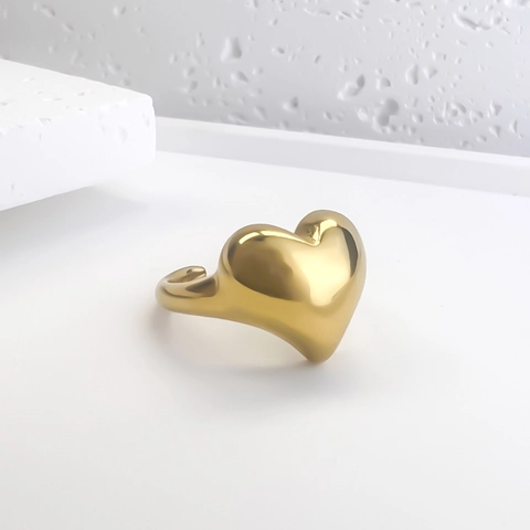 18K Gold Plated Stainless Steel Heart Ring For Women Chunky 3D Puffy Heart Adjustable Open Ring Minimalist Jewelry