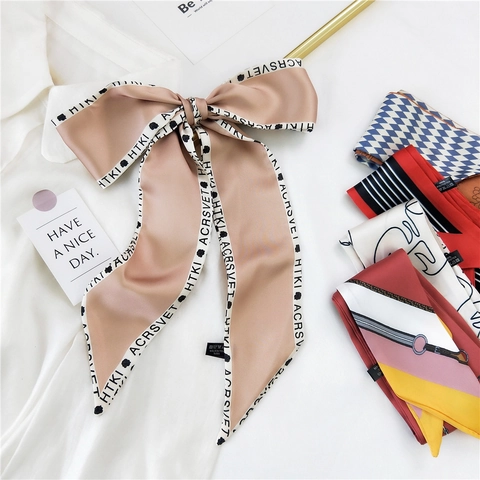 Women Casual Satin Skinny Scarf Long Narrow Twilly Ribbon Neck Decorative Scarf Printed Hair Tie Bag Accessory For Summer