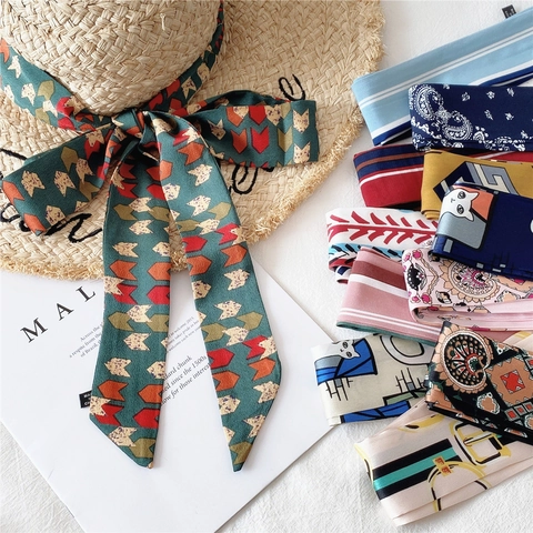Sciarpa Stretta Donna Satine Poliestere Nastro Lungo Bandana Moda Gatto Paisley Floreale Stampa Fascia Capelli Arredo Borsa