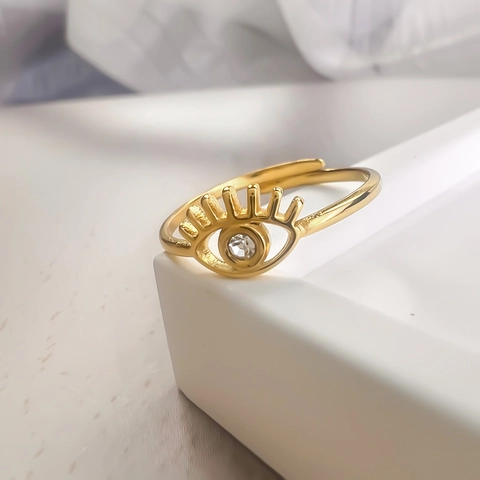 Evil Eye Edelstahl Offener Ring 18K Vergoldet Zirkonia Verstellbar Wimper Trendiger Schmuck Für Frauen