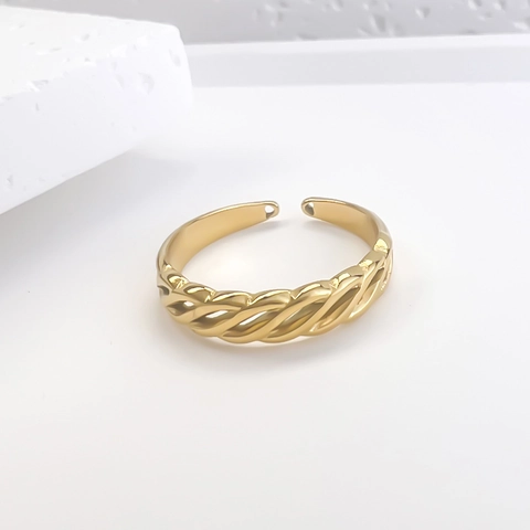 Anillo Abierto Con Textura Trenzada Torcida Vintage De Acero Inoxidable Color Dorado Minimalista Para Mujer