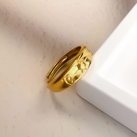 Verstelbare Open Ring 18K Verguld Roestvrij Staal Reliëf Zon Maan Hemels Patroon Retro Boho Sieraden Voor Dames