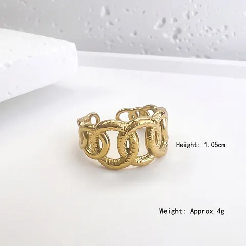 Kettenglied Ring Edelstahl 18K Vergoldet Gehämmert Texturiert Verstellbar Offen Schmuck Französisch Retro Für Damen
