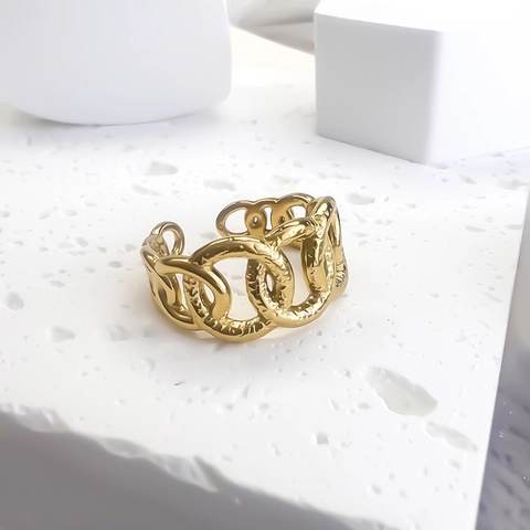 Kettenglied Ring Edelstahl 18K Vergoldet Gehämmert Texturiert Verstellbar Offen Schmuck Französisch Retro Für Damen