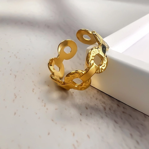 Edelstahl Kettenring 18K Vergoldet Hammerschlag Textur Geometrische Schnalle Verstellbar Offener Ring Schmuck Für Damen