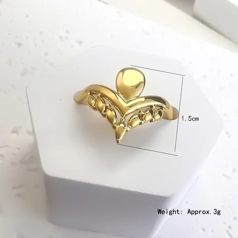 Crown V Shaped Ring 18K Gold Plated 316L Stainless Steel Adjustable Open Band Minimalist Leaf Texture Jewelry For Women
