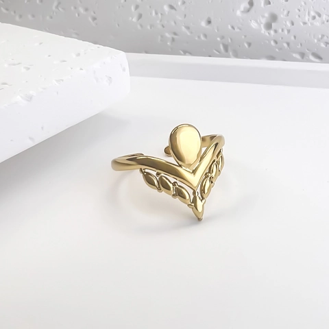 Crown V Shaped Ring 18K Gold Plated 316L Stainless Steel Adjustable Open Band Minimalist Leaf Texture Jewelry For Women