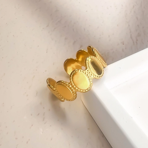 Minimalistischer Edelstahl Offener Ring Vergoldet Oval Milgrain Perlenrand Geometrischer Schmuck Damen Verstellbar