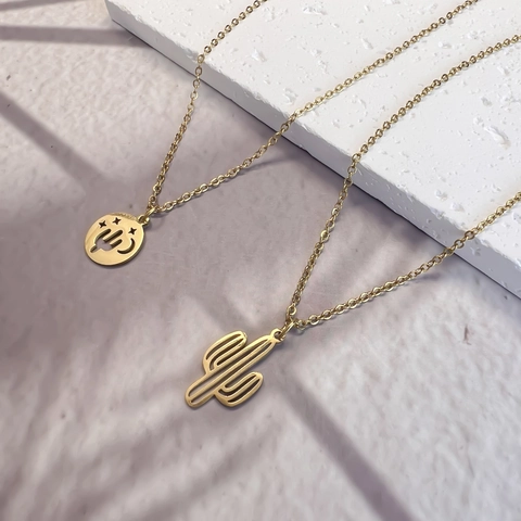 Collana Con Ciondolo Cactus Luna Stella Svuotato In Acciaio Inossidabile Gioielli Di Moda Minimalista Per Donna Catena Elegante