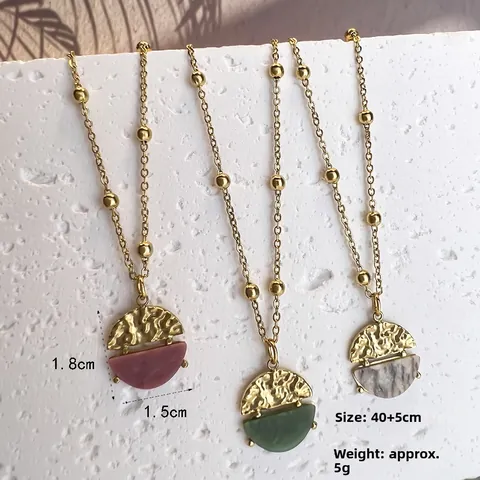 18K Gold Plated Stainless Steel Natural Stone Pendant Necklace Hammered Semicircle African Jade Geometric Jewelry For Women