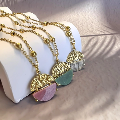 18K Gold Plated Stainless Steel Natural Stone Pendant Necklace Hammered Semicircle African Jade Geometric Jewelry For Women