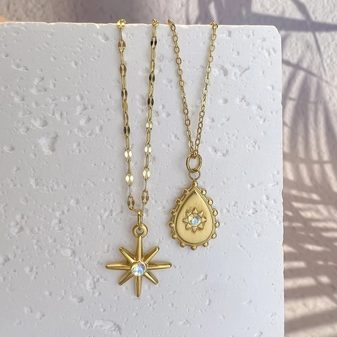 Eight-Pointed Star Water Drop Pendant Necklace Stainless Steel Gold Plated Zircon Opal Clavicle Chain Vintage Bohemian