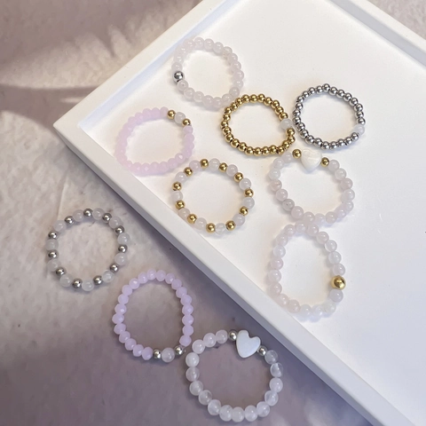 Handmade Natural Stone Rose Quartz Beaded Ring For Women Stainless Steel Gold Plated Elastic Heart Charm Fashion Jewelry