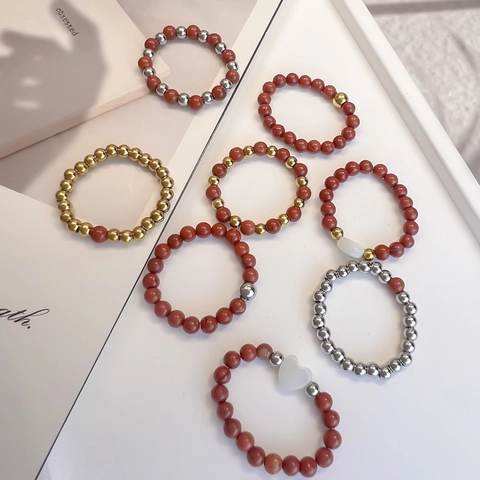 Natural Red Stone Elastic Beaded Ring Stainless Steel Gold Beads Stacking Minimalist Handmade Jewelry For Women