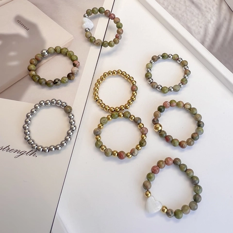 Elastic Beaded Ring Natural Unakite Stone Stainless Steel Heart Shell Charm Bohemian Handmade Adjustable Jewelry Women