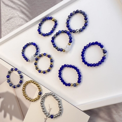 Minimalist Natural Stone Beaded Ring Stainless Steel Lapis Lazuli Elastic Stretch Vintage Stackable Jewelry For Women