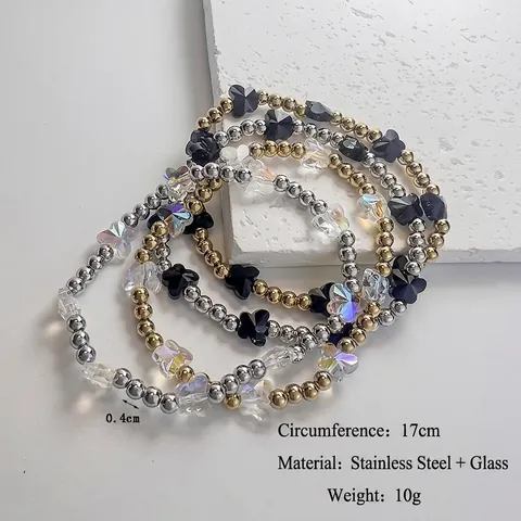 Bracciale Perline Acciaio Inossidabile Fatto A Mano Ciondoli Farfalla Vetro Colorato Stile Vintage Bohemien Per Donna