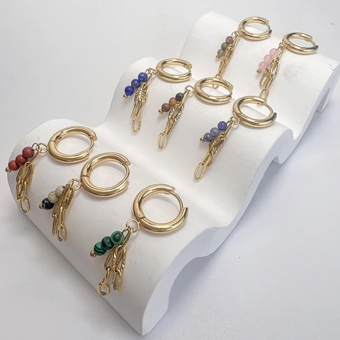 Edelstahl Naturstein Perlen Creolen 18K Vergoldet Lange Kette Anhänger Boho Vintage Stil Damen