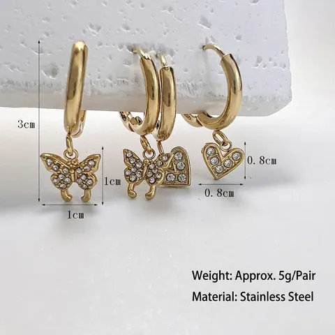 Funkelnde Zirkon Schmetterling Herz Anhänger Creolen Edelstahl Vergoldet Eleganter Schmuck Für Damen