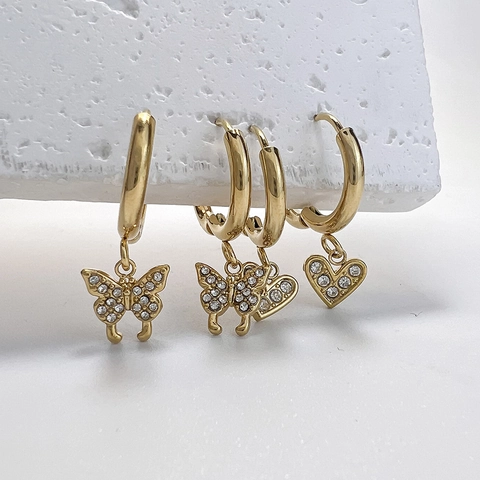 Funkelnde Zirkon Schmetterling Herz Anhänger Creolen Edelstahl Vergoldet Eleganter Schmuck Für Damen
