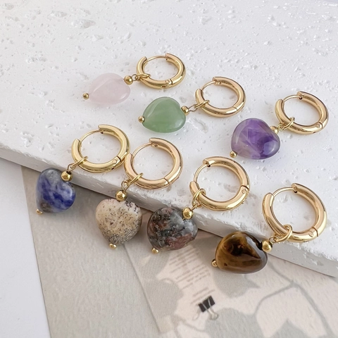 Pendientes Aro Colgante Corazón Acero Inoxidable Chapado Oro Piedra Natural Joyería Dulce Simple Para Mujeres