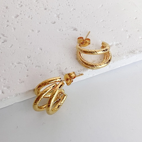 Stainless Steel Ohrringe Gold Beschichtet Gedrehtes Seil Mehrlagig C-Förmig Geometrischer Minimalistischer Schmuck Damen