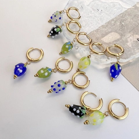 Mode aardbei fruit oorbellen roestvrij staal gekleurd glas polka dot hanger sieraden voor dames