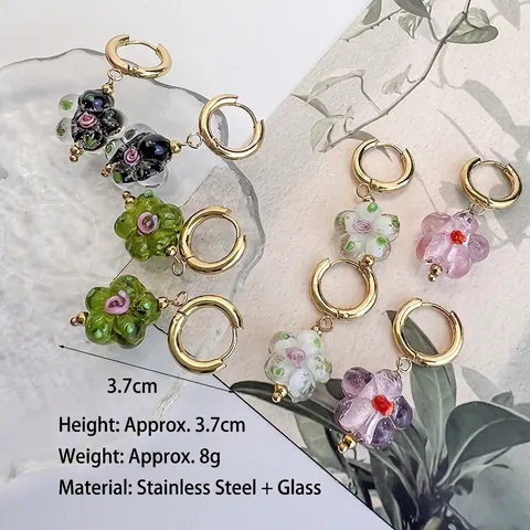 French Retro Style Stainless Steel Hoop Earrings With Handmade Glazed Flower Pendants For Women Art Aesthetic Jewelry