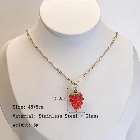 French Retro Raspberry Pendant Necklace For Women Stainless Steel Paperclip Chain Colorful Glass Fruit Jewelry
