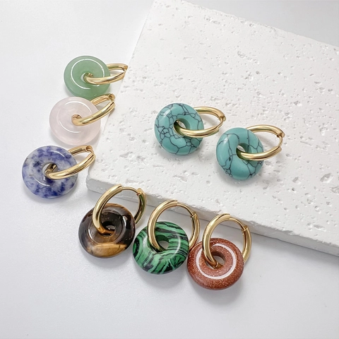 Nische Design Edelstahl Creolen Mit Naturstein Donut Anhänger Einfache Mode Geometrische Ohrringe Für Damen Schmuck Geschenk