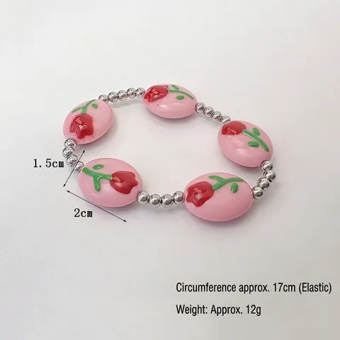Bracciale Di Perline Fiore Tulipano Rosa Acciaio Inossidabile Perline Argento Gioielli Elastici Stile Etnico Donne