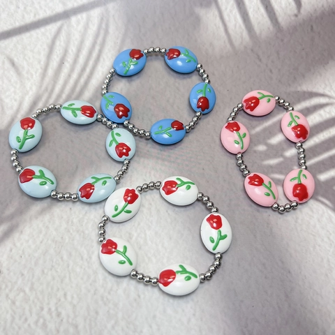 Bracciale Di Perline Fiore Tulipano Rosa Acciaio Inossidabile Perline Argento Gioielli Elastici Stile Etnico Donne
