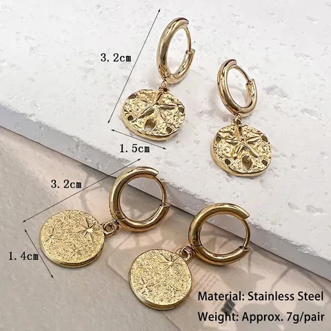 Stainless Steel Hoop Earrings Star Seastar Round Disc Pendant 18K Gold Plated Hammered Texture Nautical Boho Style Women