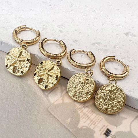 Stainless Steel Hoop Earrings Star Seastar Round Disc Pendant 18K Gold Plated Hammered Texture Nautical Boho Style Women