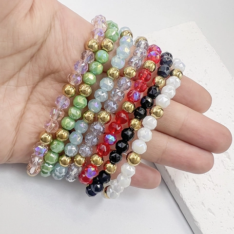 Edelstahl Perlen Armband Facettierte Kristall Glas Perlen Elastische Stretch Hand Kette Schmuck Für Damen Herren Geschenk