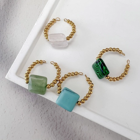 French Retro 18K Gold Plated Stainless Steel Beaded Open Ring With Rectangular Natural Stone For Women Elegant Jewelry