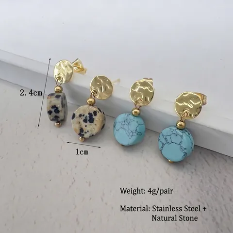 Gehamerde Gouden Schijf Ronde Natuursteen Hangoorbellen Roestvrij Staal Retro Boho Sieraden Voor Dames