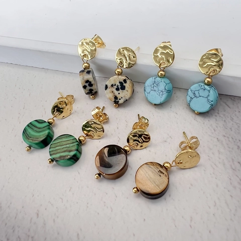 Gehamerde Gouden Schijf Ronde Natuursteen Hangoorbellen Roestvrij Staal Retro Boho Sieraden Voor Dames