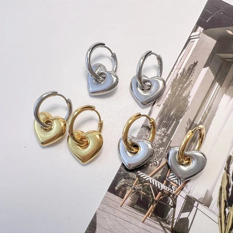 Orecchini A Cerchio Con Cuore Acciaio Inossidabile Pendente Rimovibile Bicolore Non Sbiadisce Retro Francese Gioielli Donna