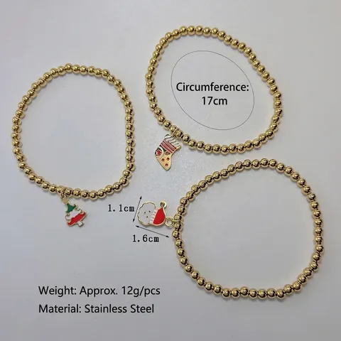 Pulsera De Cuentas De Papá Noel Alce De Navidad Acero Inoxidable Elástica Cuentas Redondas Joyería Con Dije Esmalte