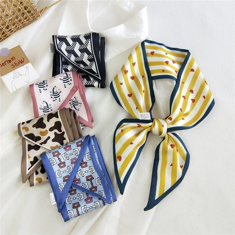Elegante Pañuelo Largo Estrecho Para Mujer Imitación Satén Cinta Pelo Corbata Chic Estampado Cintas Accesorio Asa Bolso Mano