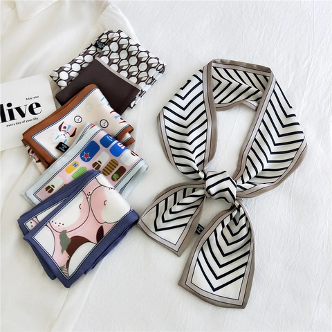 Women French Satin Twilly Scarf Geometric Cartoon Printed Skinny Scarf Ribbon Handbag Wrap Headband Neck Accessory