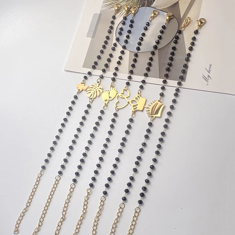 Bracciale Di Perline Boho Acciaio Inossidabile Perline Sfaccettate Nere Ciondoli Cuore Corona Foglia Angelo Regolabile Gioielli Moda Donna