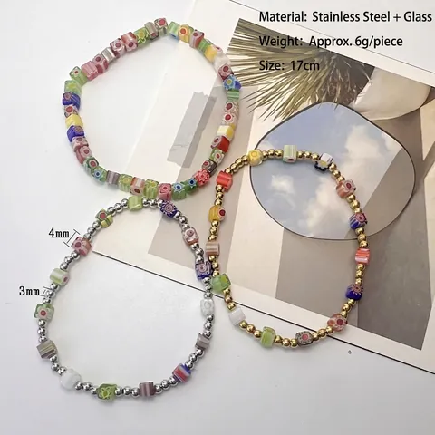 Beaded Armband Aus Edelstahl Mit Bunten Floralen Millefiori Lampwork Glasperlen Handgefertigt Dopamin Stil Für Damen