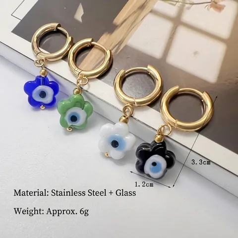 Edelstahl Huggie Hoop Ohrringe Blume Böser Blick Anhänger Vergoldet Boho Schmuck Für Damen
