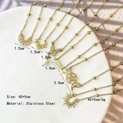 Collar Con Colgante De Acero Inoxidable Chapado En Oro Mujeres Mariposa Perla Artificial Luna Estrella Amor Corazon Sol Joyeria